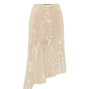 Sequin Asymmetric Midi Skirt in Beige